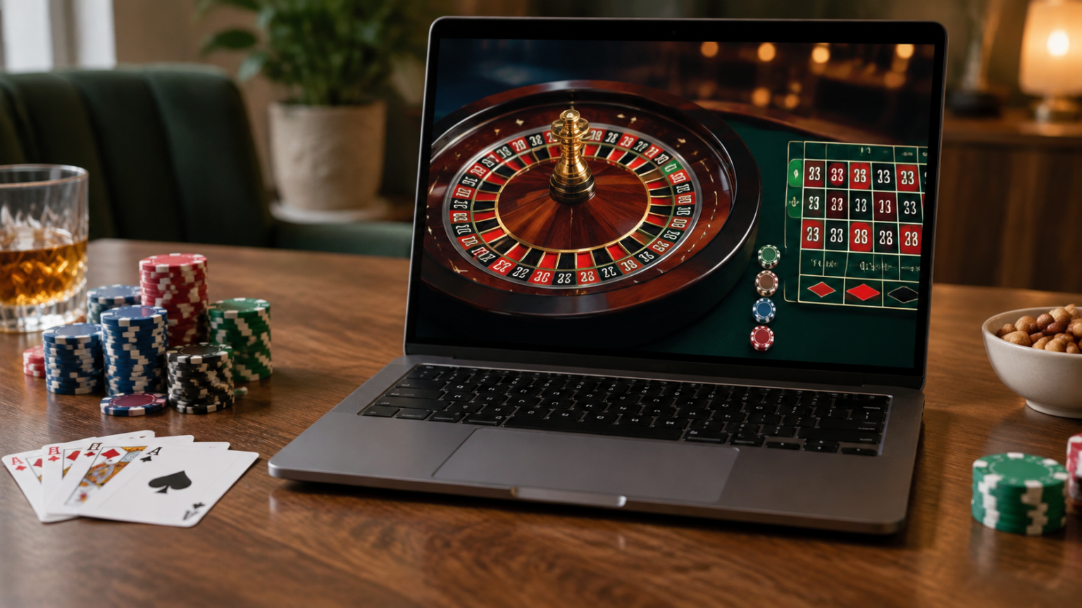 Laptop displaying an online casino roulette game beside playing cards and casino chips