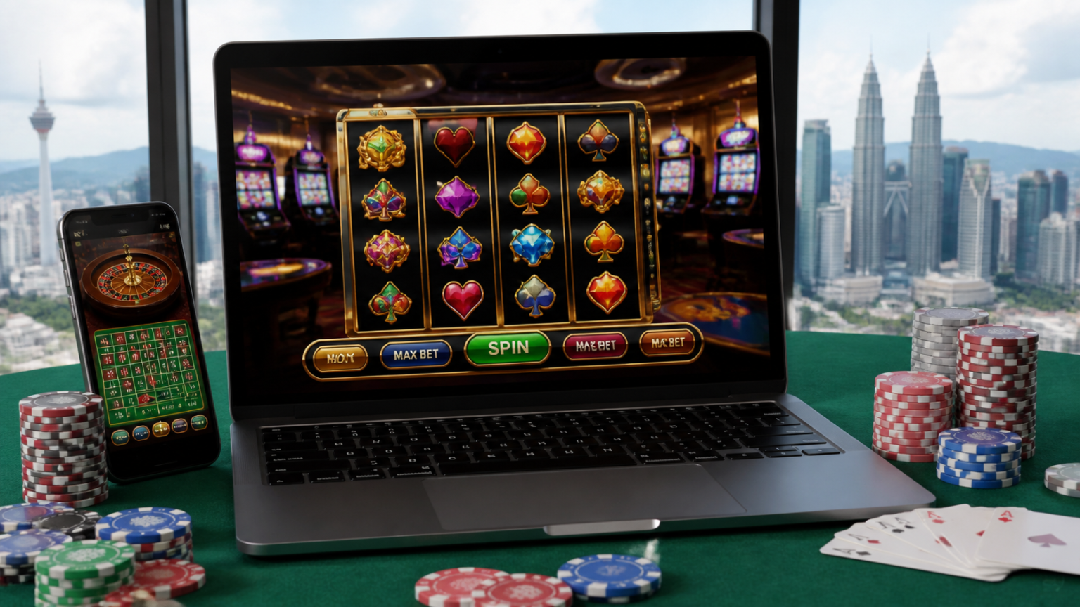 Laptop and phone showing an online casino interface with slot reels