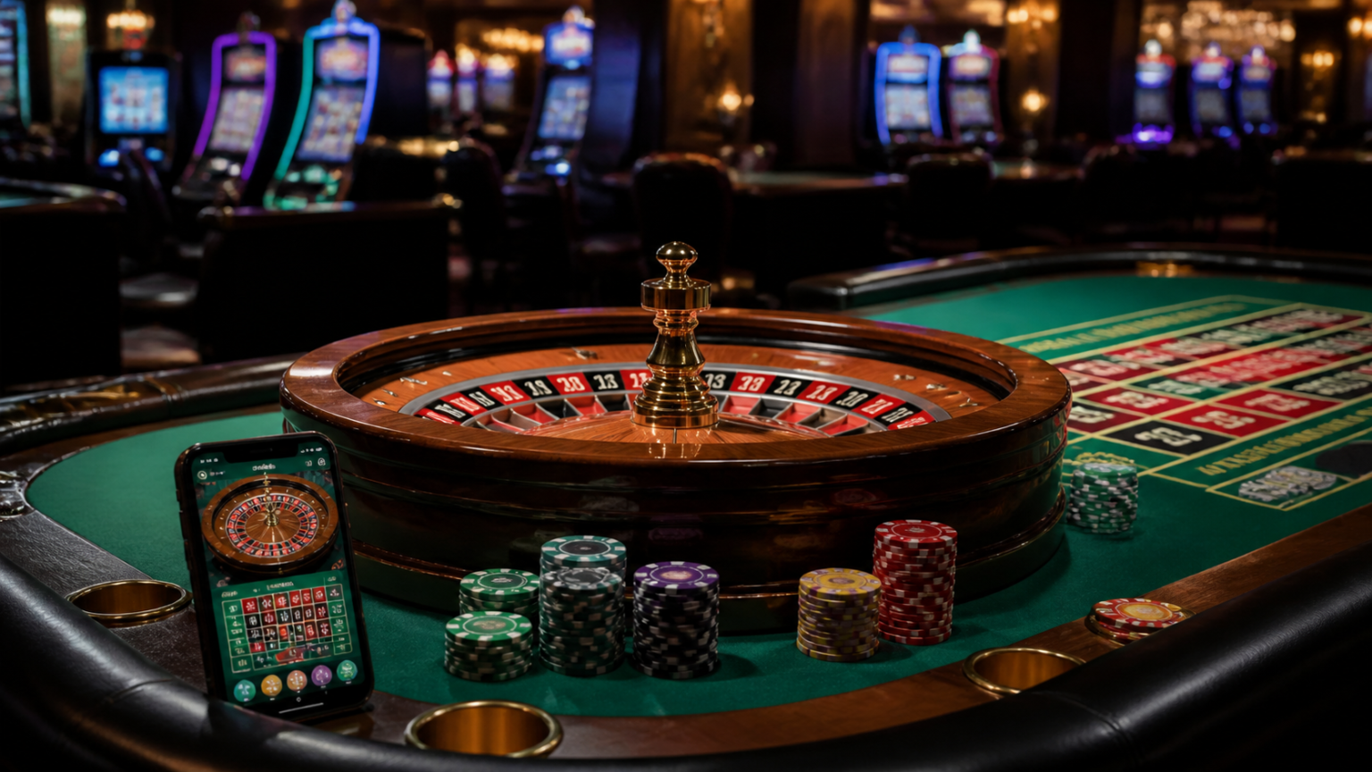 Tavolo da casinò con roulette e slot machine per casino non aams