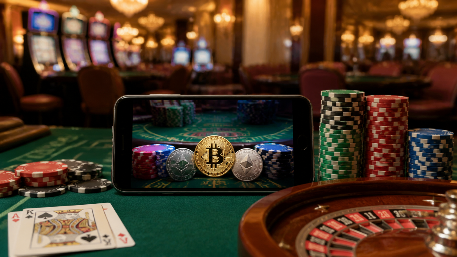 Crypto casino Singapore concept with casino chips and a phone screen