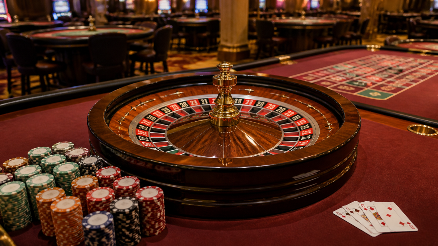 Hướng Dẫn Đánh Giá Các Chương Trình Khuyến Mãi Tại Nha Cai Uy Tin Nhat Bàn roulette trong không gian casino với vòng quay, phỉnh và bài