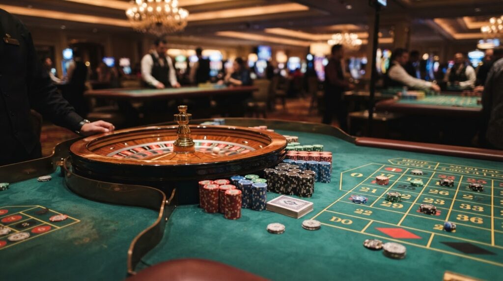 Exploring the Modern Online Casino Singapore Gaming Scene A realistic casino table setup with a roulette wheel and stacks of gaming chips.