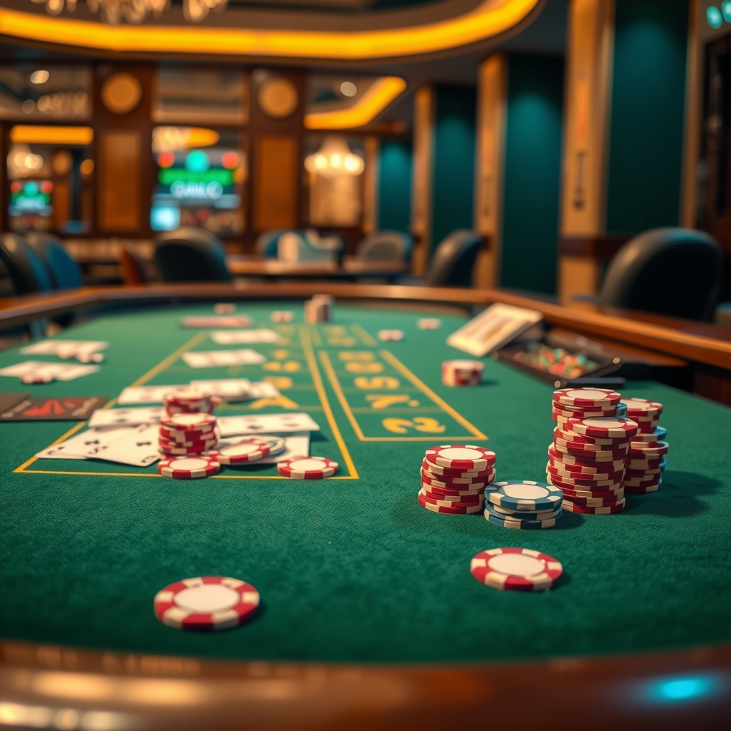 Finding a Reliable Online Casino Singapore Platform Safely A close-up of a blackjack table with playing cards and casino chips on green felt under warm lighting.