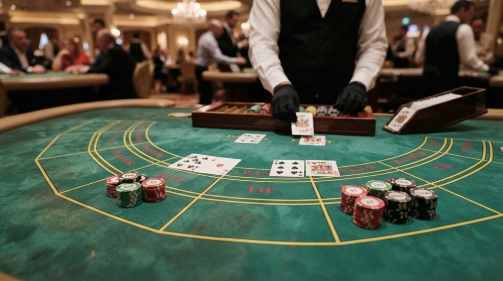 Hướng Dẫn Chi Tiết Cách Chơi Game Bài Baccarat Nhập Môn Bàn chơi game bài baccarat với các lá bài và phỉnh cược xếp ngăn nắp