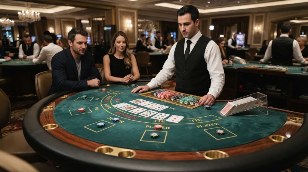 Hướng Dẫn Trải Nghiệm Baccarat Trực Tuyến Chi Tiết Cho Người Mới Bàn chơi baccarat trực tuyến với các lá bài và chíp đặt cược