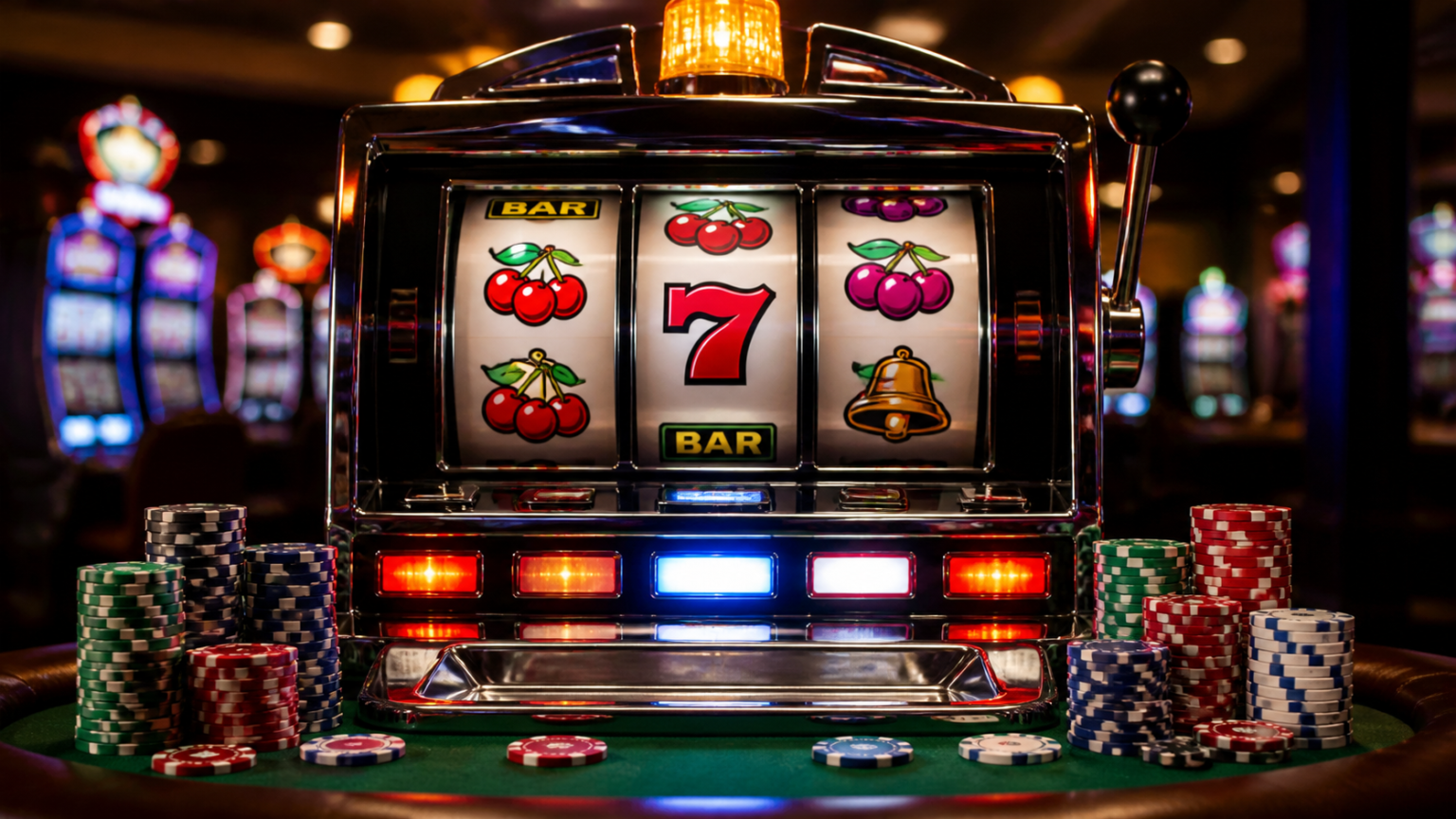 Mesin slot di kasino dengan lampu dan chip