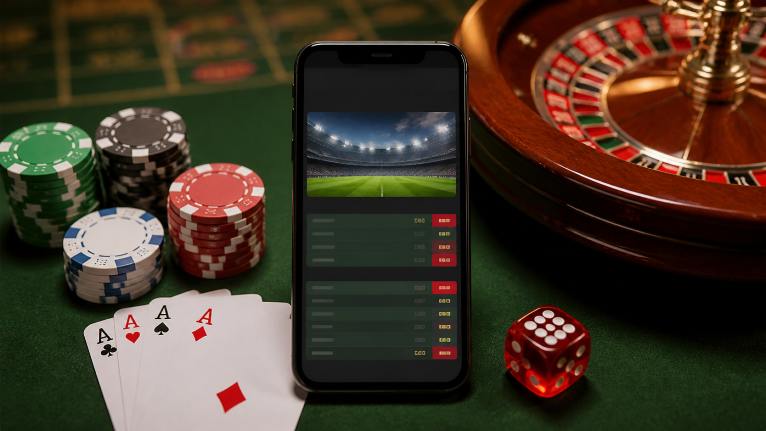 Casino betting setup with phone, chips, and roulette wheel