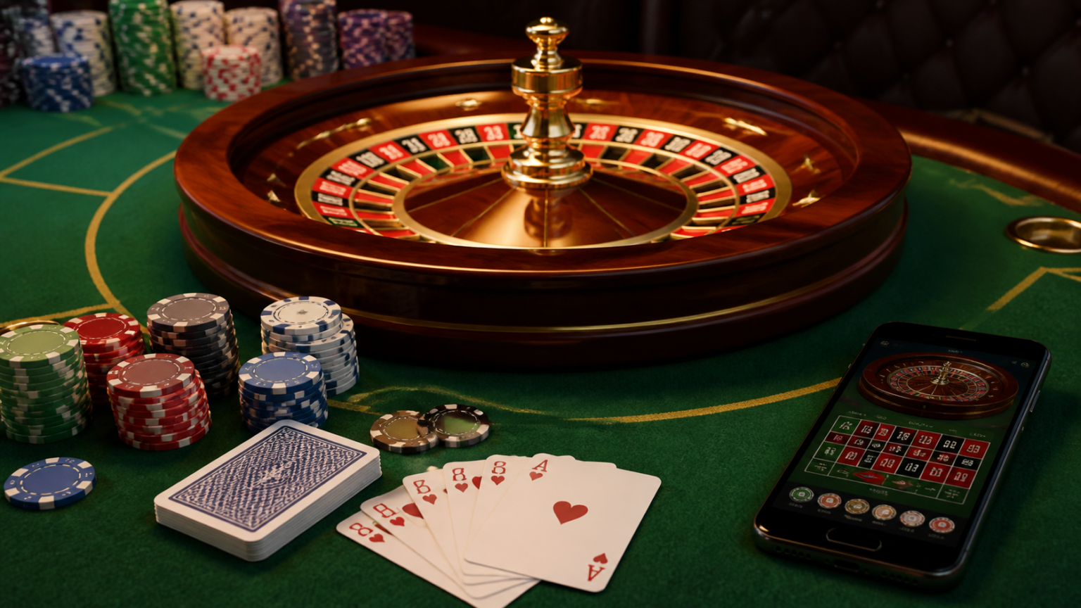 Game Variety and the Player Experience: online casino Singapore Casino table with roulette wheel, cards, chips, and a smartphone showing online casino play