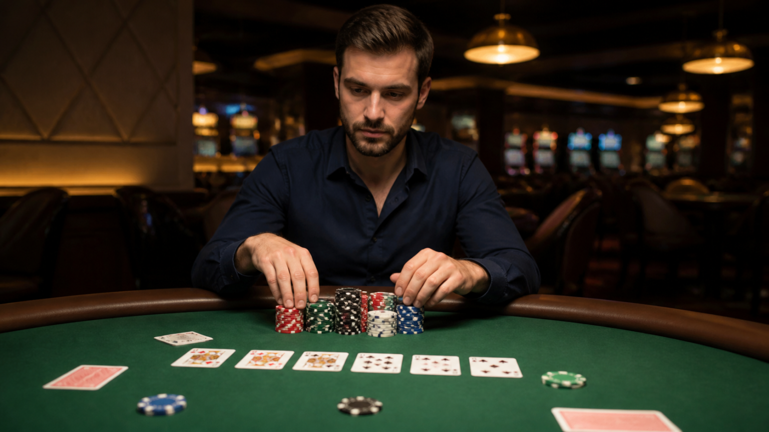 Poker chips and cards on a casino poker table