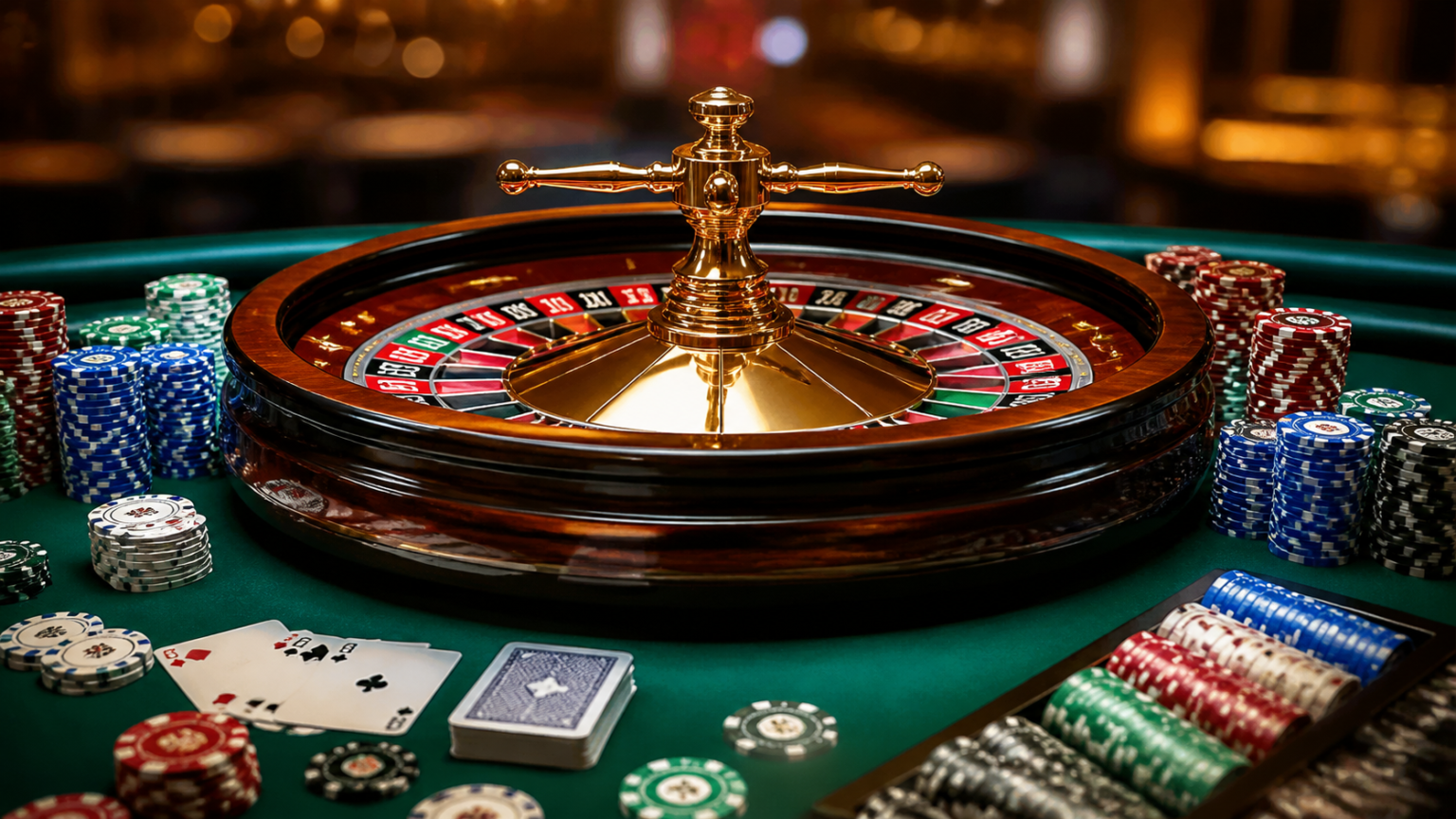 เว็บพนันออนไลน์เลือกอย่างไรให้เหมาะกับสไตล์การเล่นของคุณ Casino roulette table with chips and cards