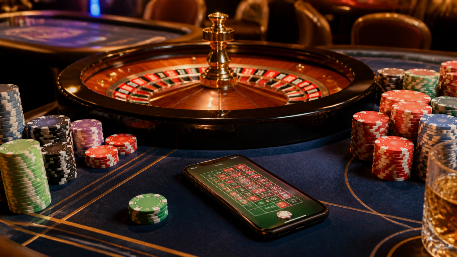 โป๊กเกอร์ออนไลน์: วิธีทำความเข้าใจอันดับไพ่และลำดับความแข็งแกร่ง Roulette table with chips and a phone showing online betting
