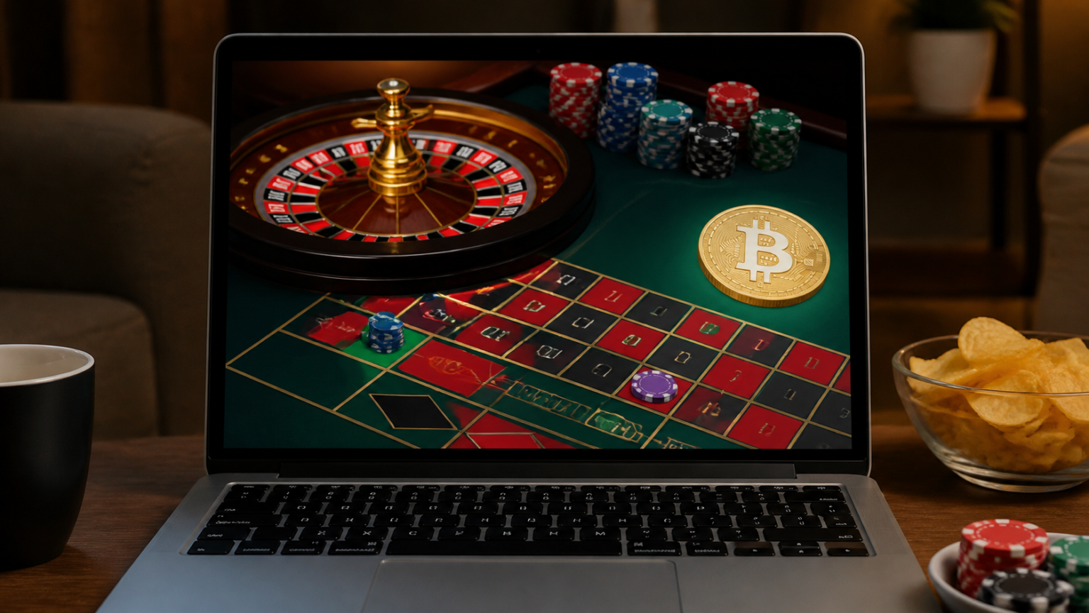 What to compare before choosing a platform: crypto casino Laptop showing an online casino roulette game with a cryptocurrency payment symbol